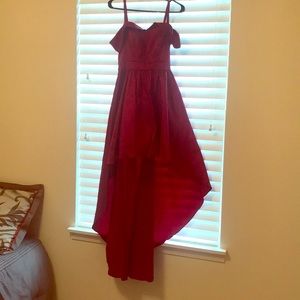 Red high low strapped gown